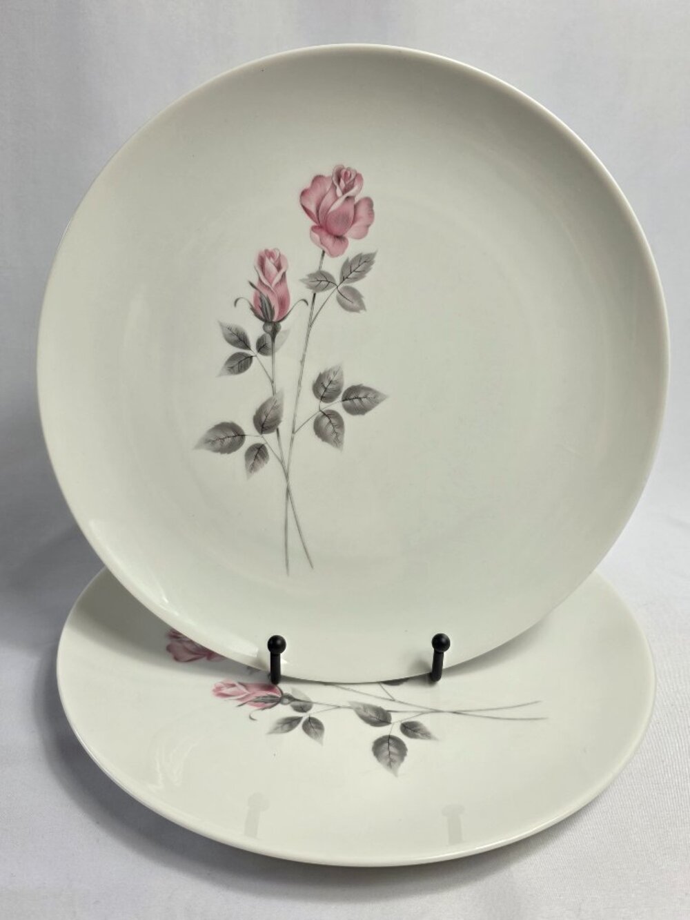 TWO Royal Doulton Pillar Rose Dinner Plates Pink Roses Gray Leaves